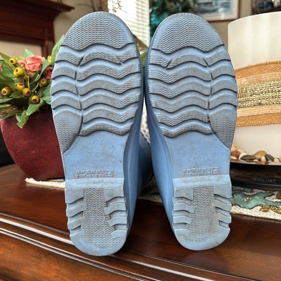 Sperry Vintage Blue Tall Rubber Boots Waterproof w/ Cream Knit Sequin Boot Socks - Picture 13 of 16